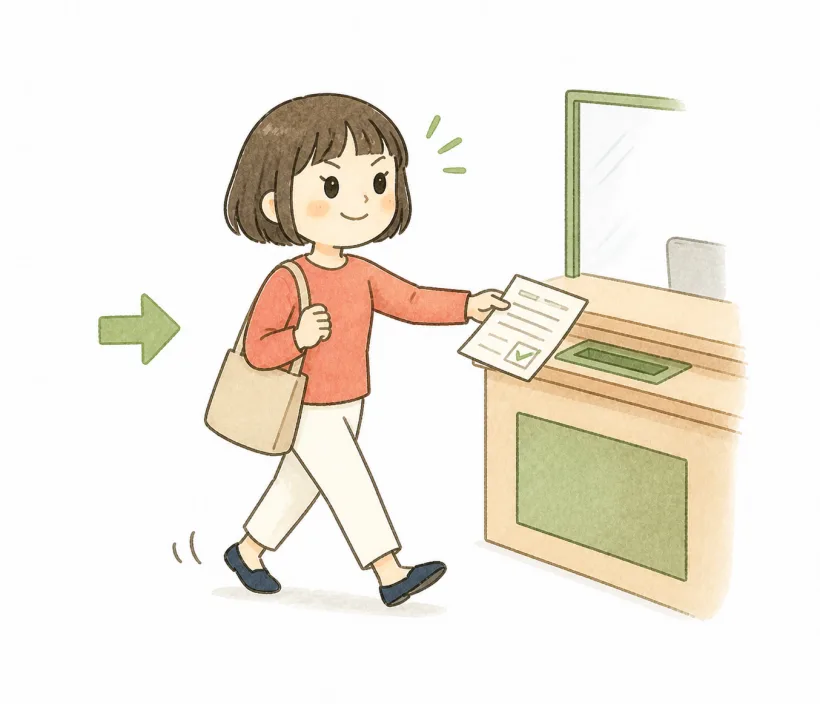 The same woman handing her completed form in at an office counter