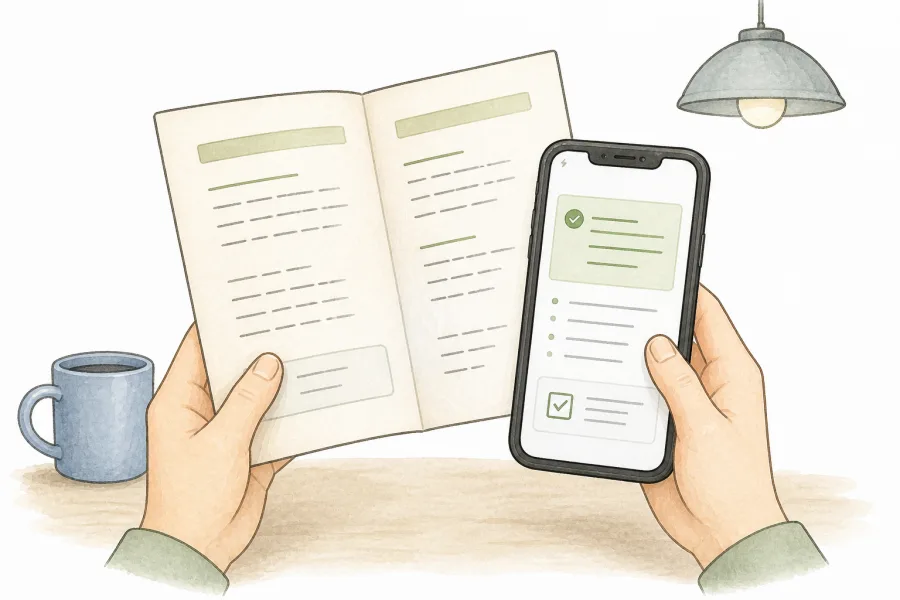 Hands holding a paper notice and a phone showing its explanation