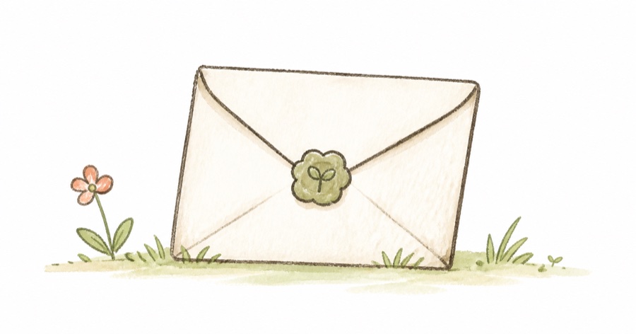 A sealed envelope with a sprout wax seal, beside a small flower
