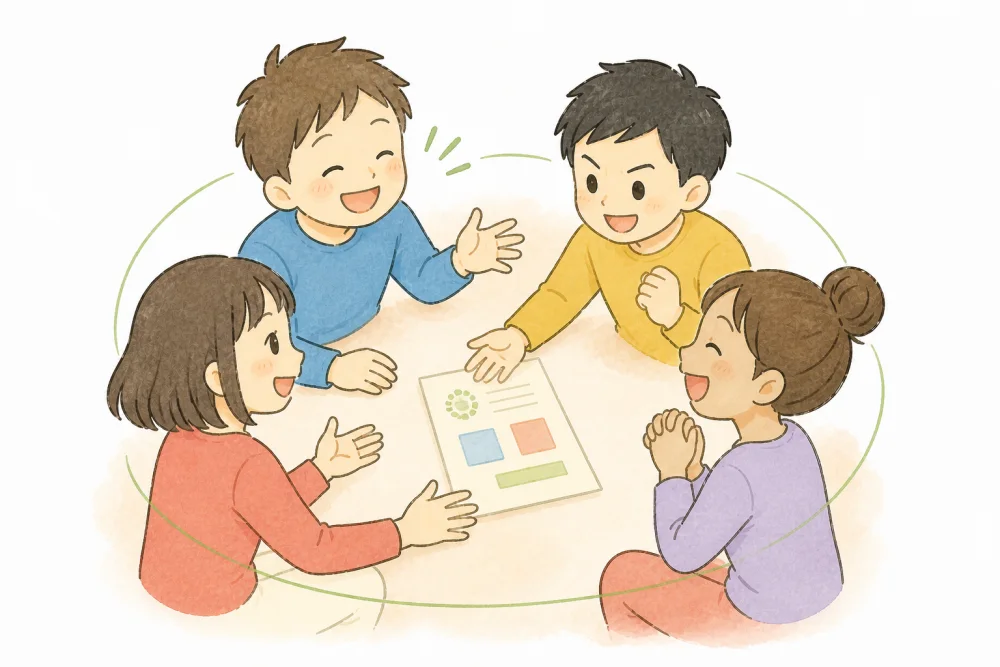 Four residents sitting in a circle around a shared document, talking it through together