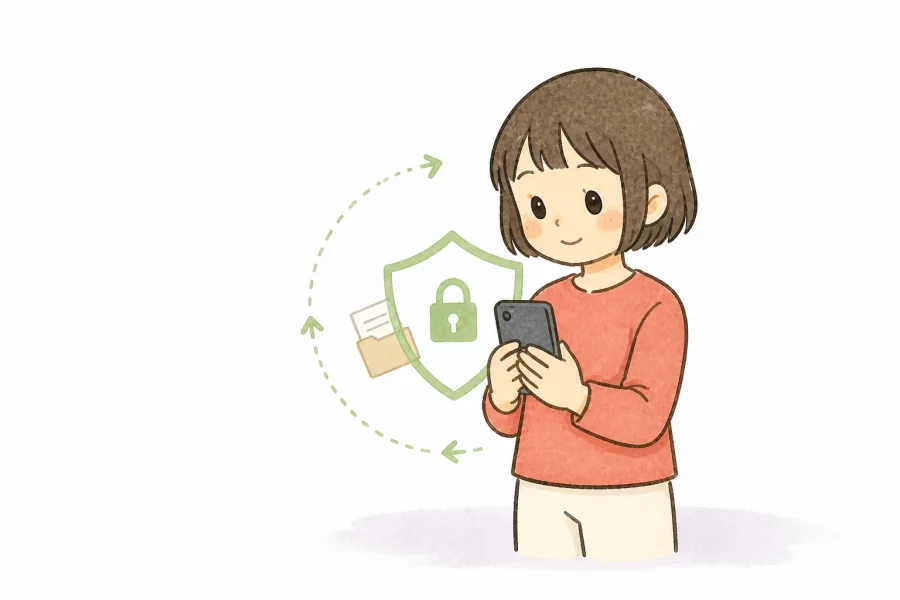 The same woman holding her phone, her documents kept behind a lock that stays with her