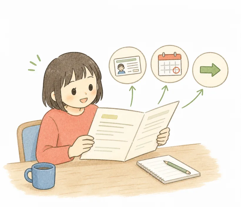A woman reading a document at her desk, with what it says, when it is due and what to do next drawn out beside her